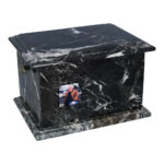 Angled view of natural onyx cremation urn