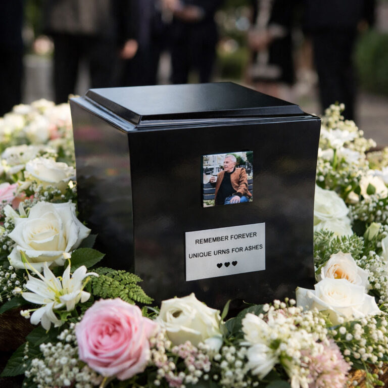 Elegant black cremation urn displayed at a funeral ceremony, surrounded by soft white and pink flowers with a small memorial photo attached.