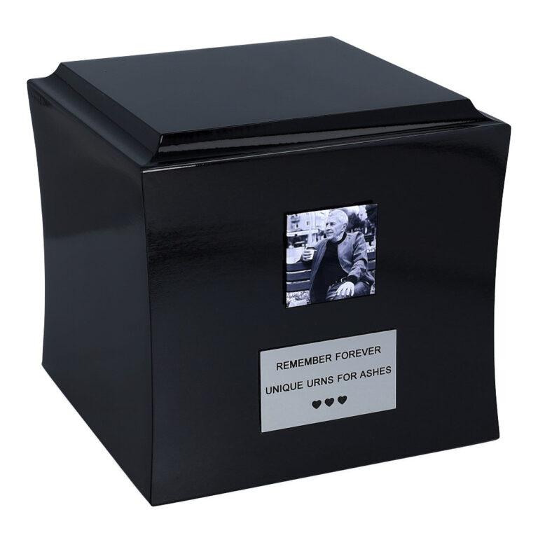 Black wooden urn with black and white photo