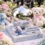 Child memorial cremation urn with reflective sphere and photo display surrounded by flowers and teddy bears.