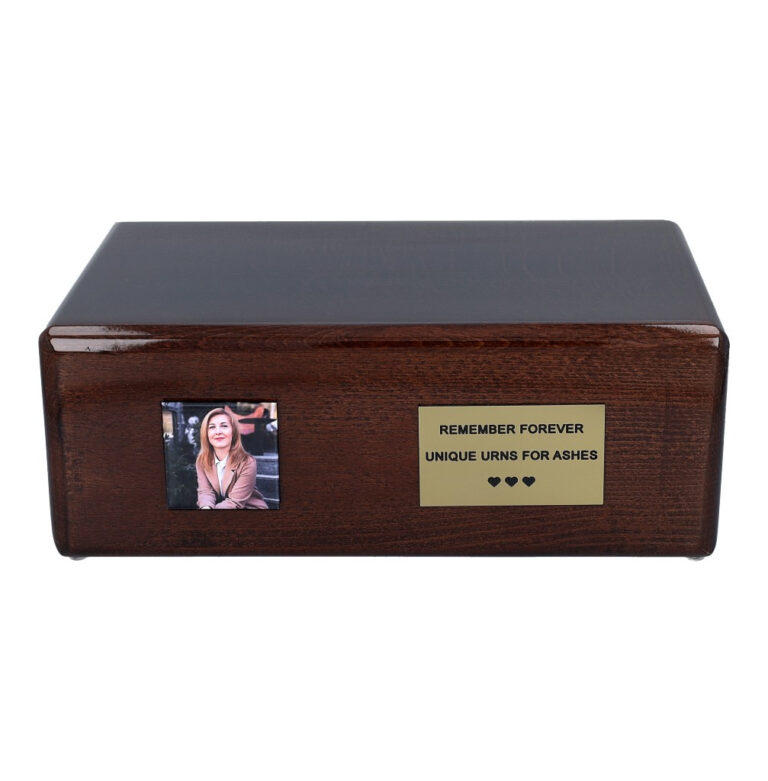 Front view of wooden urn with memorial photo