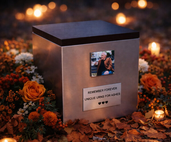 Funeral urns with photographs of the deceased, personalized stainless steel memorial urn