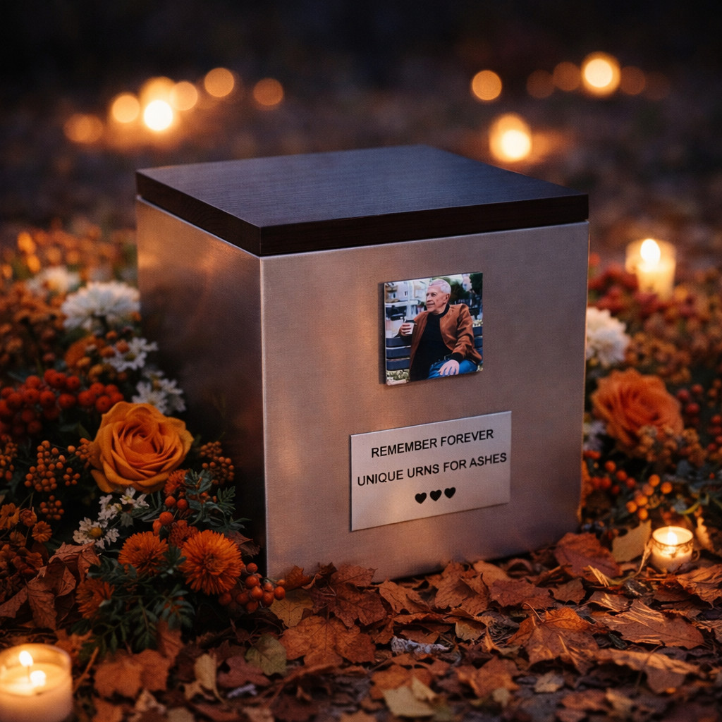 Funeral urns with photographs of the deceased, personalized stainless steel memorial urn