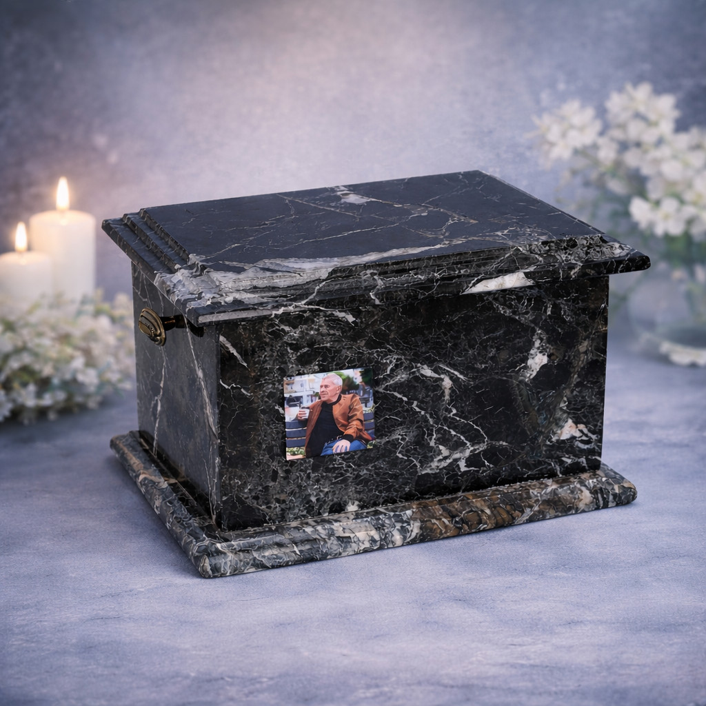 Stone funeral urn with photograph of the deceased, black marble urn