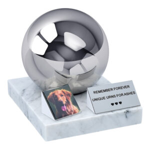 Pet urn for dog on marble base with memorial plaque and photo tile