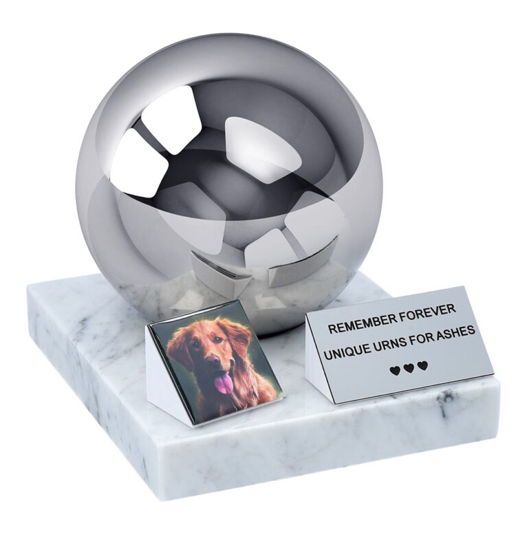 Pet urn for dog on marble base with memorial plaque and photo tile