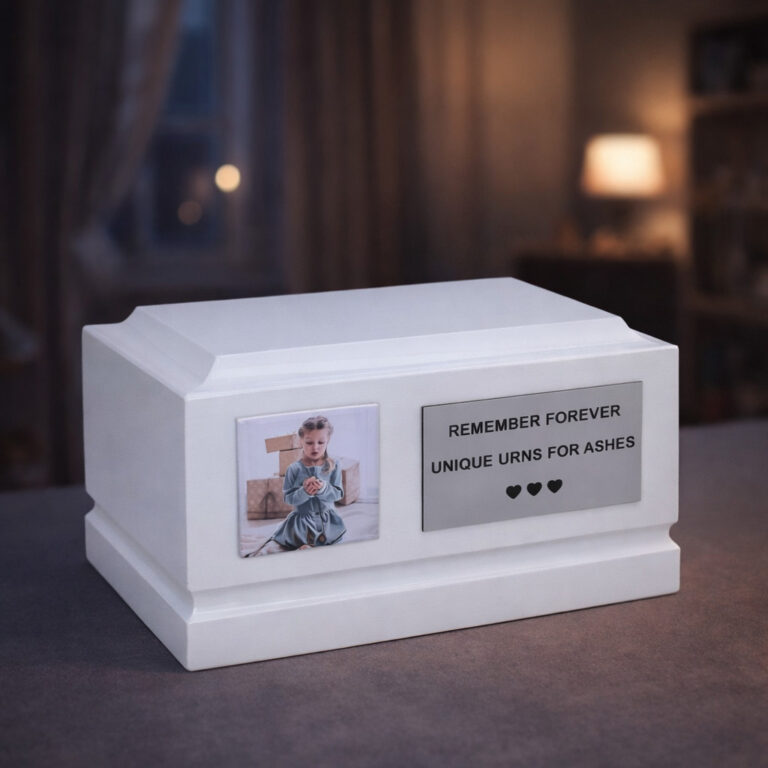 White child cremation urn with photo frame displayed in a soft home interior setting.