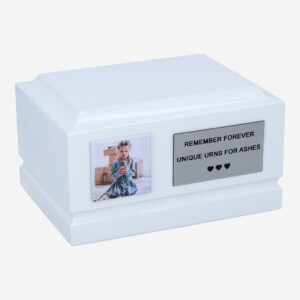 White wooden child urn with photo and memorial plaque – front view
