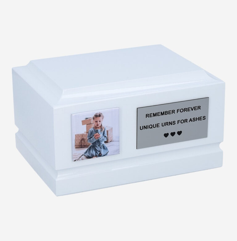 White wooden child urn with photo and memorial plaque – front view