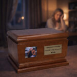 Wooden cremation urn with photo frame in a warm home interior setting.