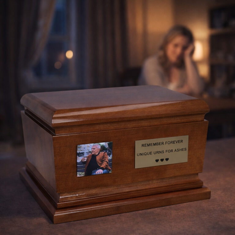 Wooden cremation urn with photo frame in a warm home interior setting.
