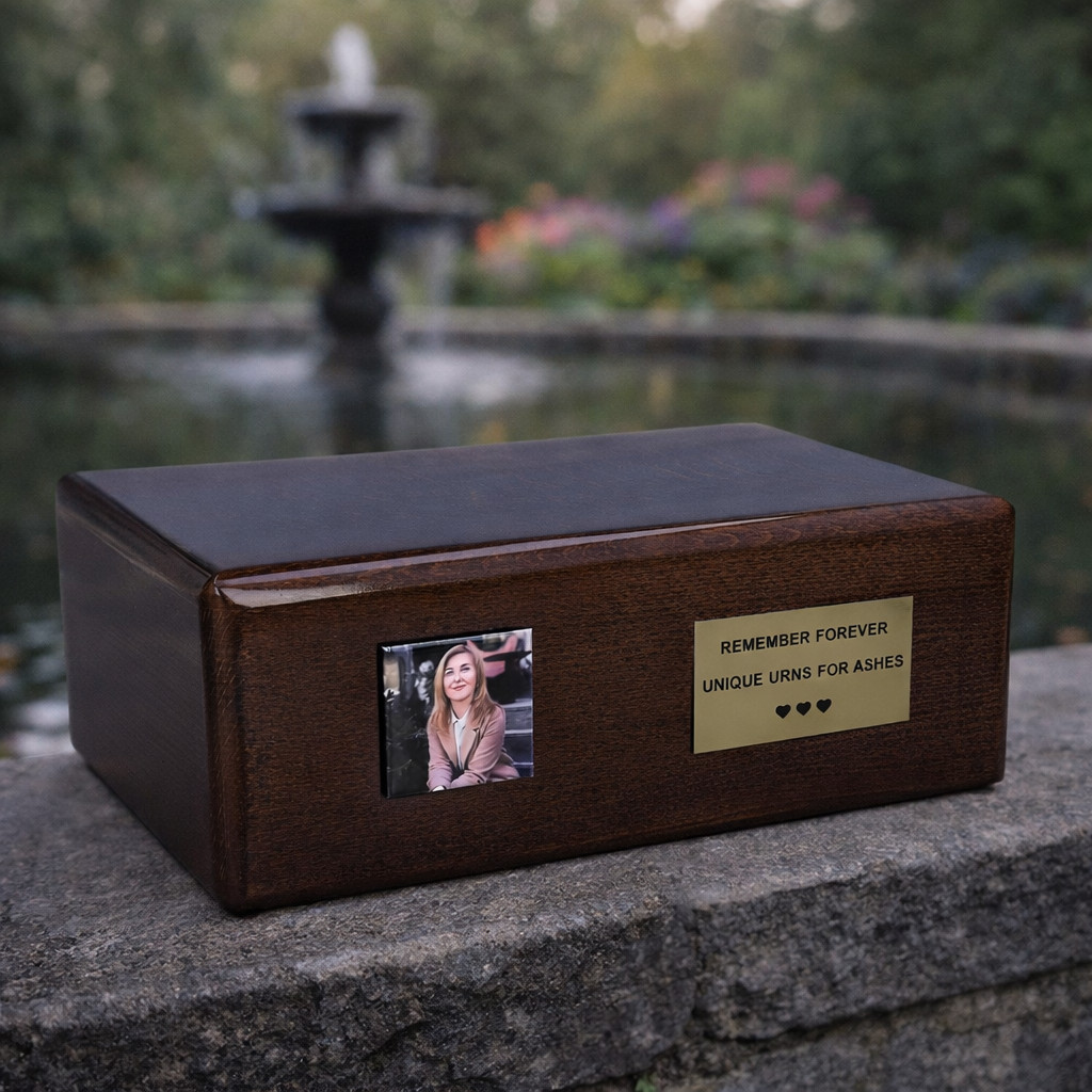 Wooden funeral urn with photograph of a woman, memorial urn for wife