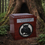 Wooden memorial urn with an owl engraving placed on a forest floor in front of a large tree trunk.