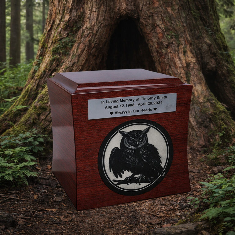 Wooden memorial urn with an owl engraving placed on a forest floor in front of a large tree trunk.