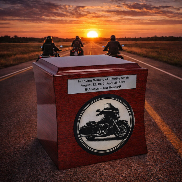 Wooden memorial urn with a motorcycle engraving placed on a road at sunset with motorcyclists riding in the background.
