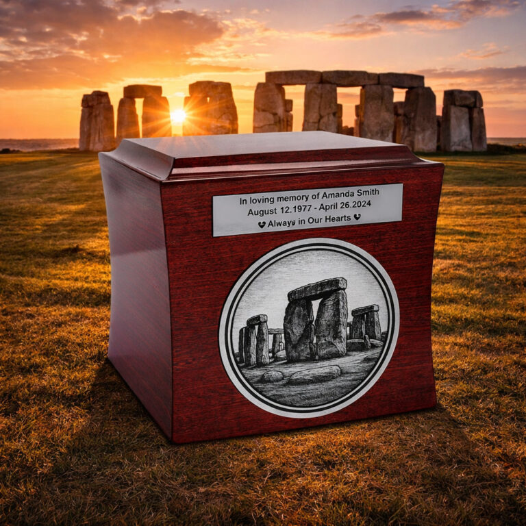 Wooden cremation urn for ashes with Stonehenge engraving placed at Stonehenge during sunset.