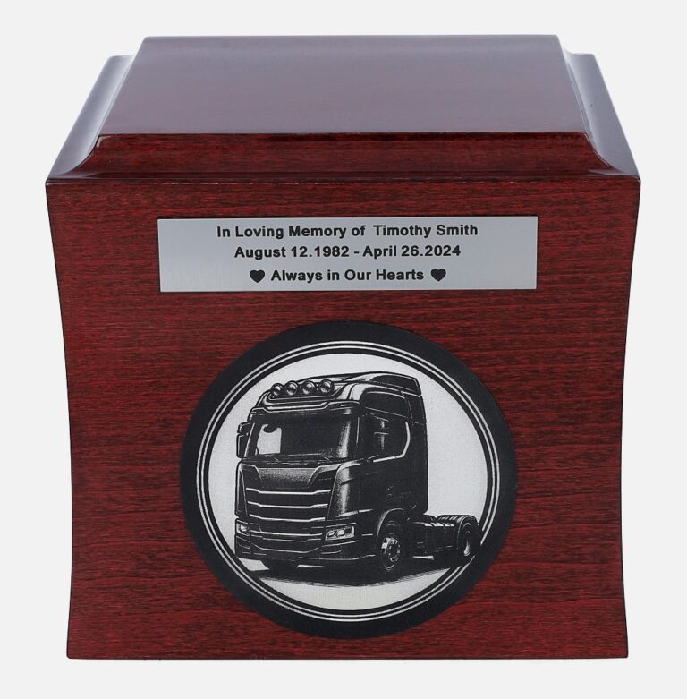 Urna cineraria per camionista con targhetta "In Loving Memory", vista centrale.