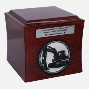 Wooden cremation urn with excavator engraving and memorial plaque, front view.
