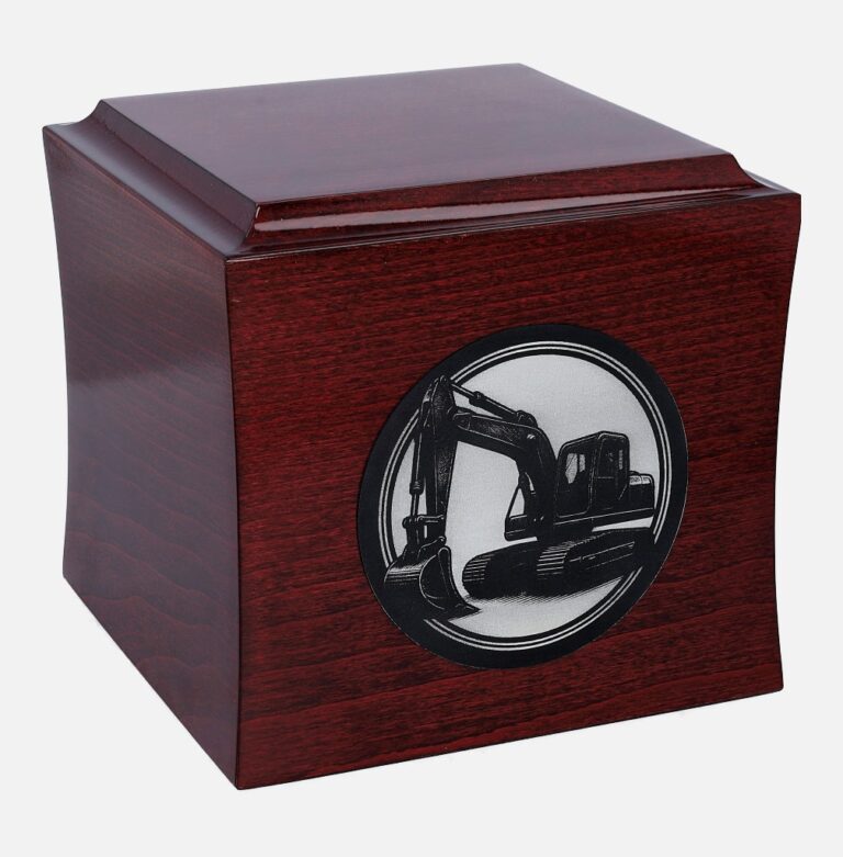 Wooden excavator urn, side view.