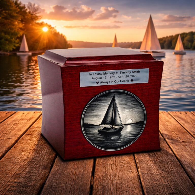 Wooden memorial urn with a sailboat engraving placed on a dock by a lake at sunset with sailboats in the background.