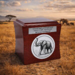 Wooden cremation urn for ashes with elephant engraving placed on African savanna with elephants in background.