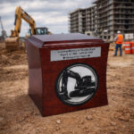 Wooden cremation urn for ashes with excavator engraving placed at a construction site with heavy equipment in the background.