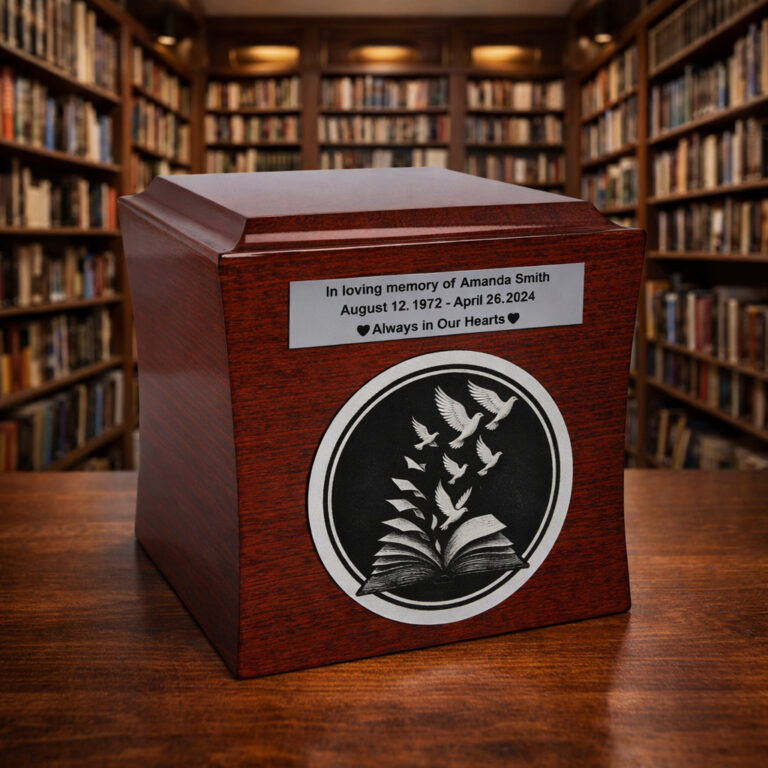 Wooden cremation urn for ashes with book and flying doves engraving in a library setting.