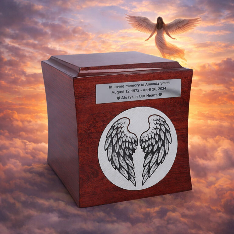 Wooden cremation urn for ashes with angel wings engraving against a heavenly sky background.