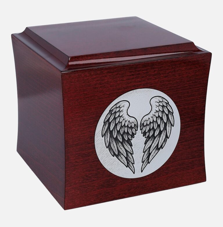 Modern wooden urn with angel wings motif, rounded-edge profile, side angle.