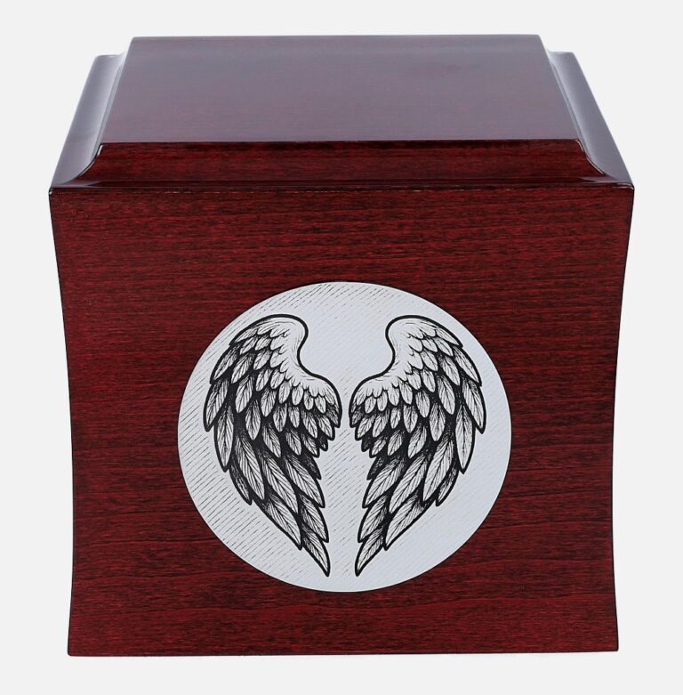 Urn front without nameplate: circular angel wings artwork.