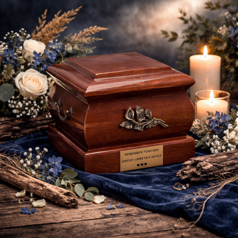 Solid wooden cremation urn for ashes displayed with candles and flowers in a memorial setting.