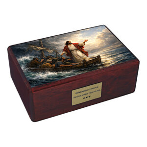 Urna in legno cattolica Gesù placa la tempesta urna cineraria adulti vista angolata