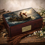 Urna in legno cristiana Gesù placa la tempesta con fiori esposizione urna cineraria commemorativa