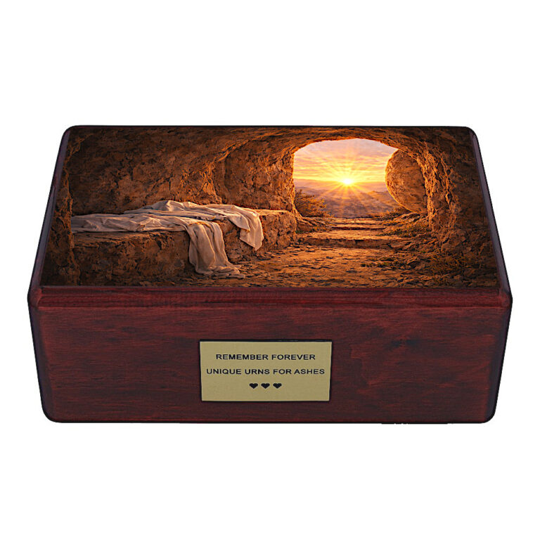 urna cristiana tomba vuota Gesù risurrezione urna ceneri legno vista frontale