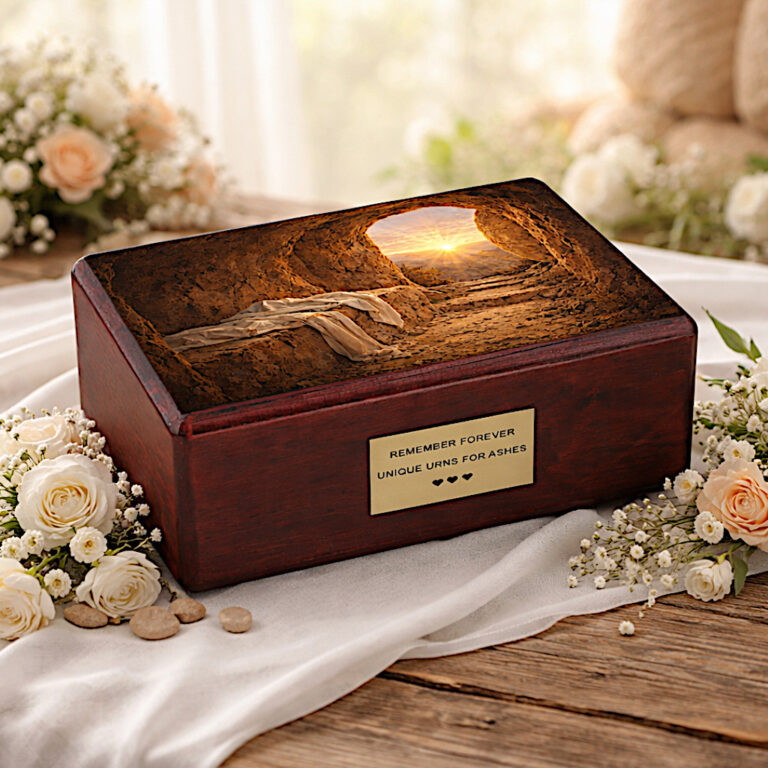 urna cristiana legno tomba vuota risurrezione memoriale ceneri esposizione floreale