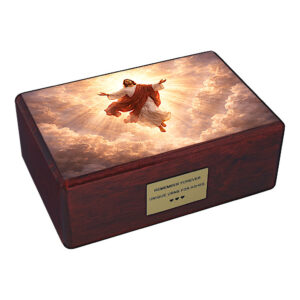 Urna cineraria cattolica in legno Gesù Risorto resurrezione urna ceneri adulti vista angolata