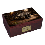 Wooden cremation urn with detailed car engine design, memorial urn for mechanic