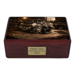 Front view of mechanic-themed urn with engine artwork, wooden urn for ashes