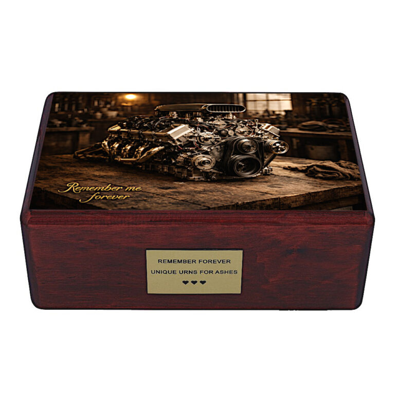 Front view of mechanic-themed urn with engine artwork, wooden urn for ashes