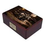 Angled wooden urn with automotive engine image, memorial urn for car lover
