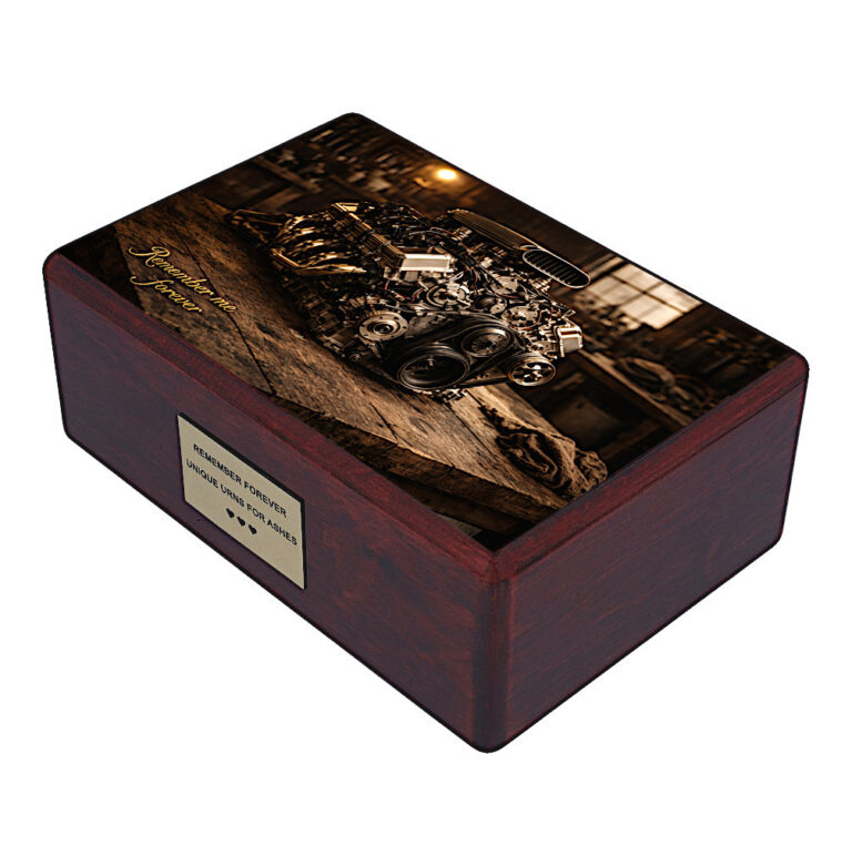 Angled wooden urn with automotive engine image, memorial urn for car lover