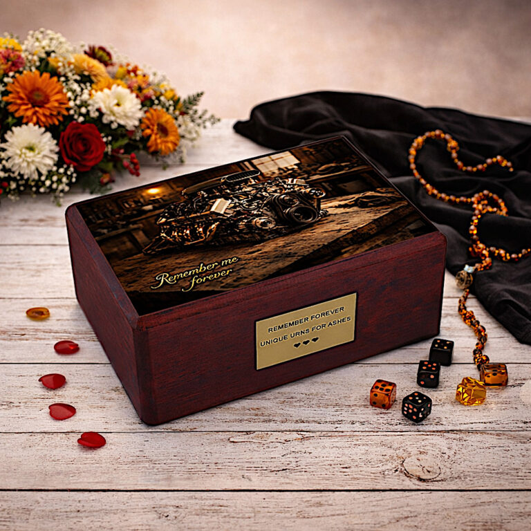 Mechanic memorial urn displayed with flowers and tools, automotive themed urn
