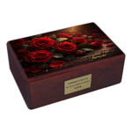 Urne de crémation en bois avec motif de roses rouges et inscription « remember me forever »