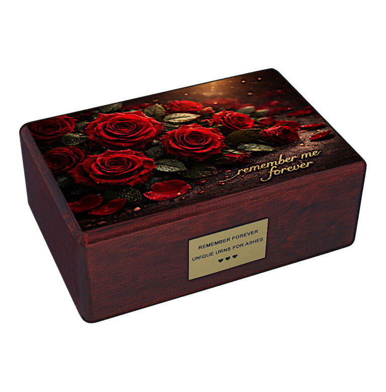 Urne de crémation en bois avec motif de roses rouges et inscription « remember me forever »