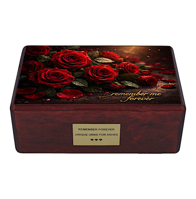 Vue de face d’une urne de crémation florale avec motif de roses rouges, urne en bois pour cendres