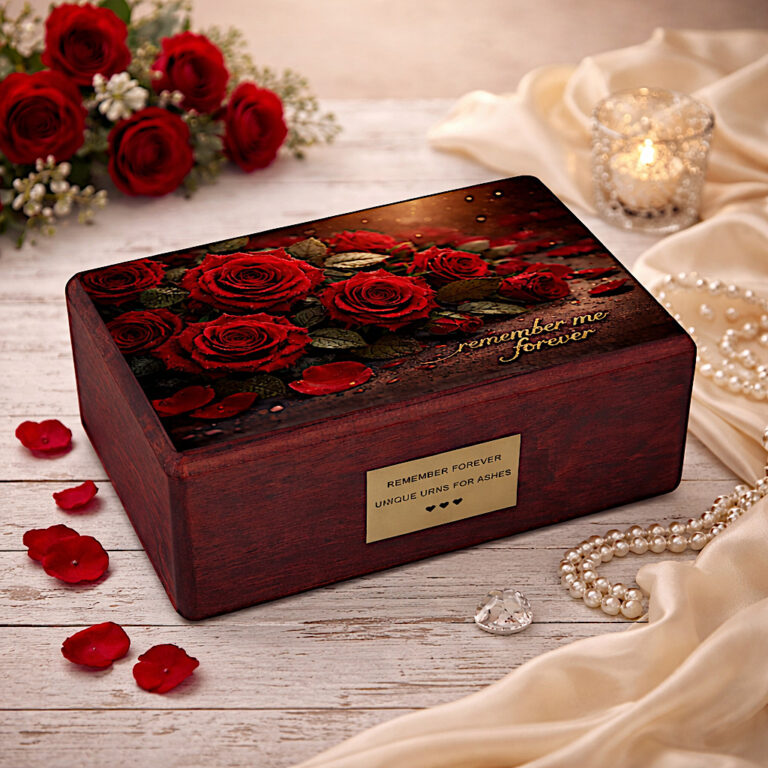 Urne de crémation décorative avec roses rouges, présentée avec bougie et perles, mise en scène commémorative