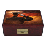 Front view of memorial urn with German soldier salute and national flag artwork