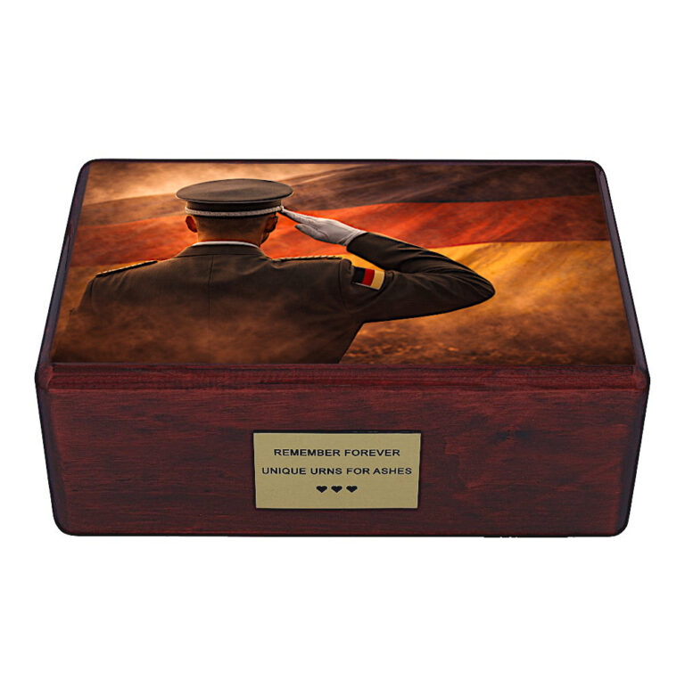 Front view of memorial urn with German soldier salute and national flag artwork