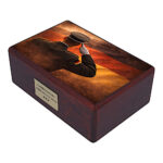 Angled wooden urn with German military tribute and flag background