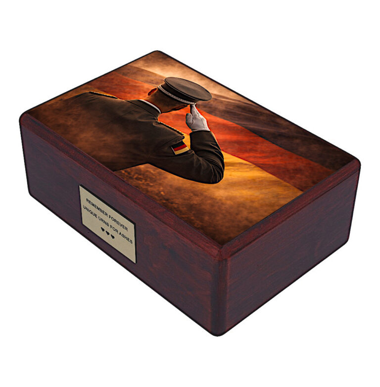 Angled wooden urn with German military tribute and flag background